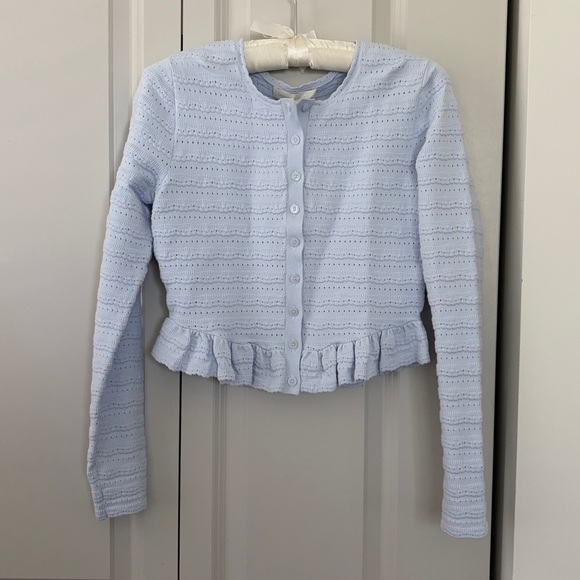 LoveShackFancy Light Blue Ruffle Cardigan, Rogan - Picture 3 of 7